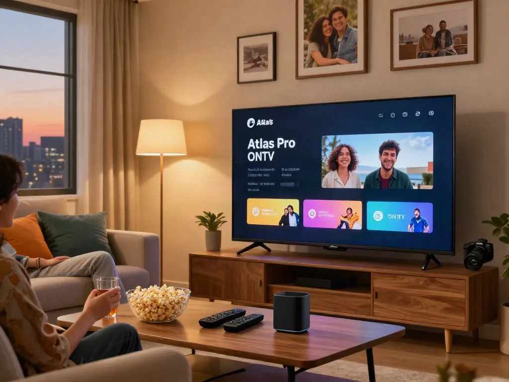 Profitez de l'application Atlas Pro ONTV dans un salon moderne avec un couple détendu.