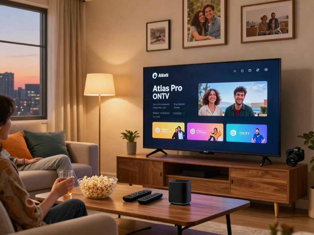 Profitez de l'application Atlas Pro ONTV dans un salon moderne avec un couple détendu.
