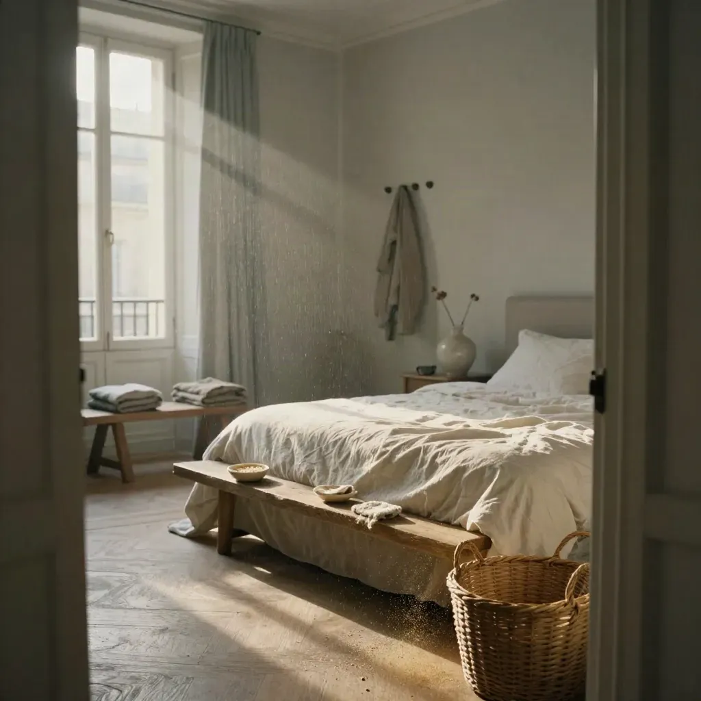 Chambre parisienne lumineuse avec lit en lin, banc en bois, panier tressé et vase en céramique.