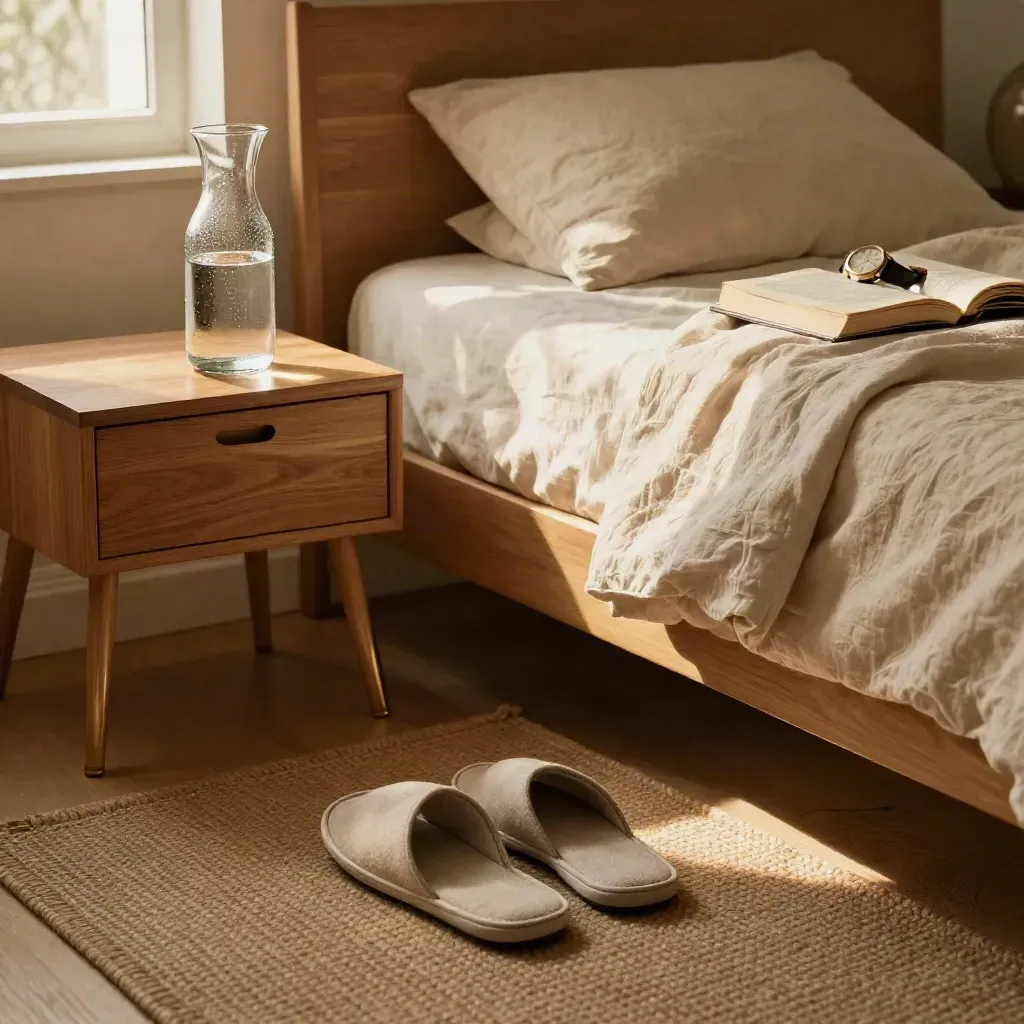 Chambre douce avec carafe, chaussons alignés, linge plié et lumière du matin.