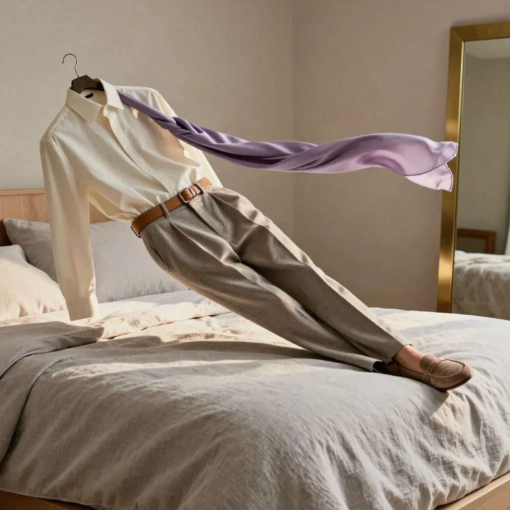 Tenue capsule glissant sur un lit clair, avec chemise ivoire, pantalon, mocassins et écharpe lilas.