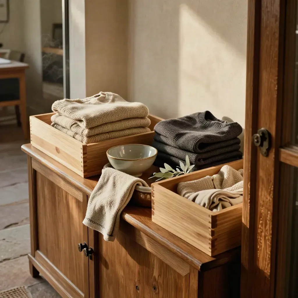 Buffet d’entrée rangé, pulls pliés, vide-poche en céramique et feuillage, vu depuis une porte.