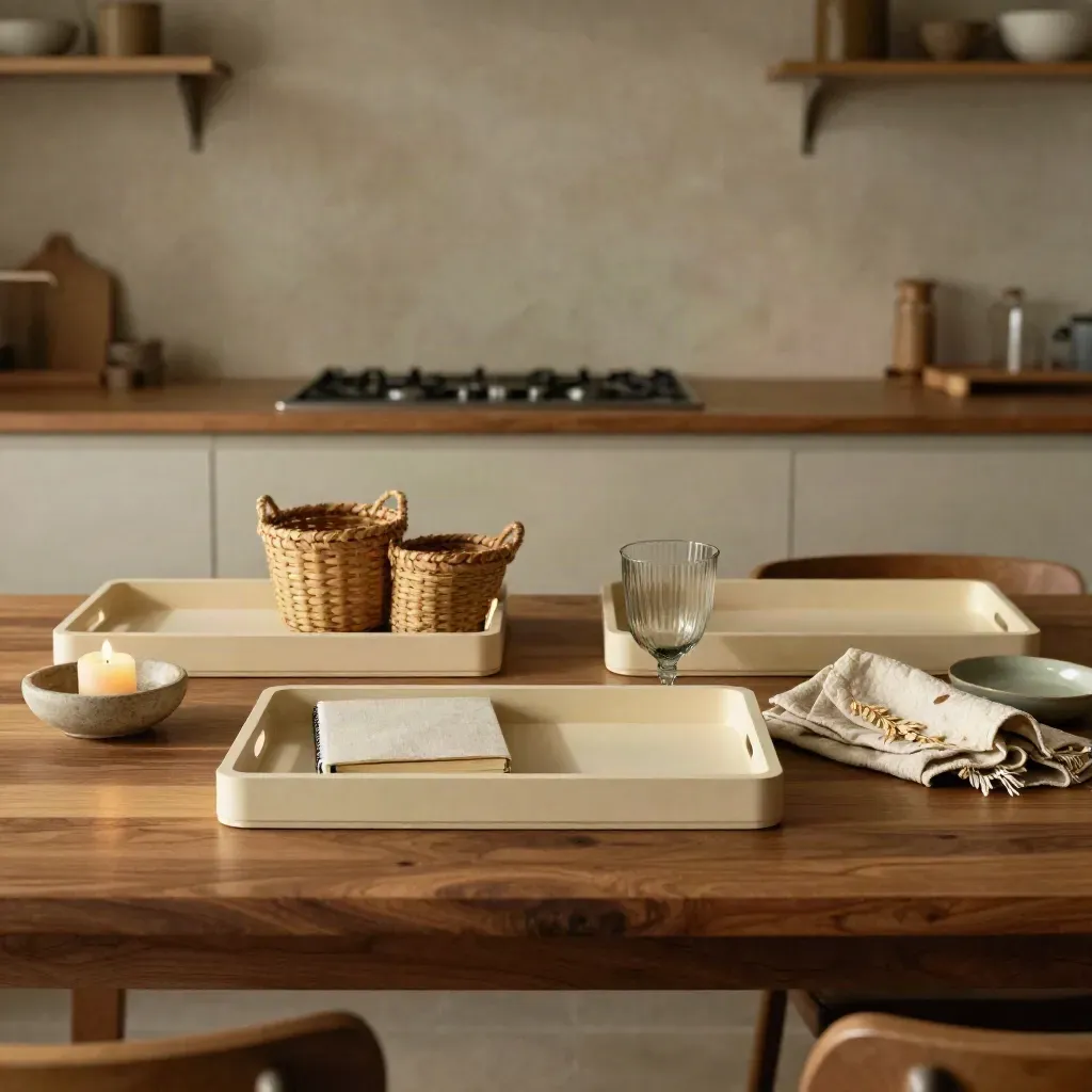 Grande table de cuisine avec plateaux modulaires, paniers, carnet, bougie éteinte et verre opaque.