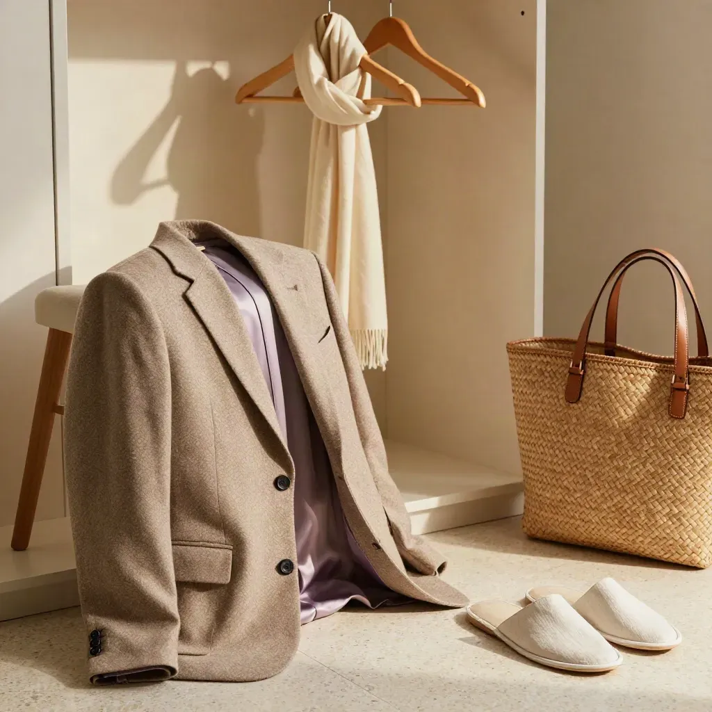 Coin dressing lumineux avec blazer, cintres, foulard crème et sac en toile.