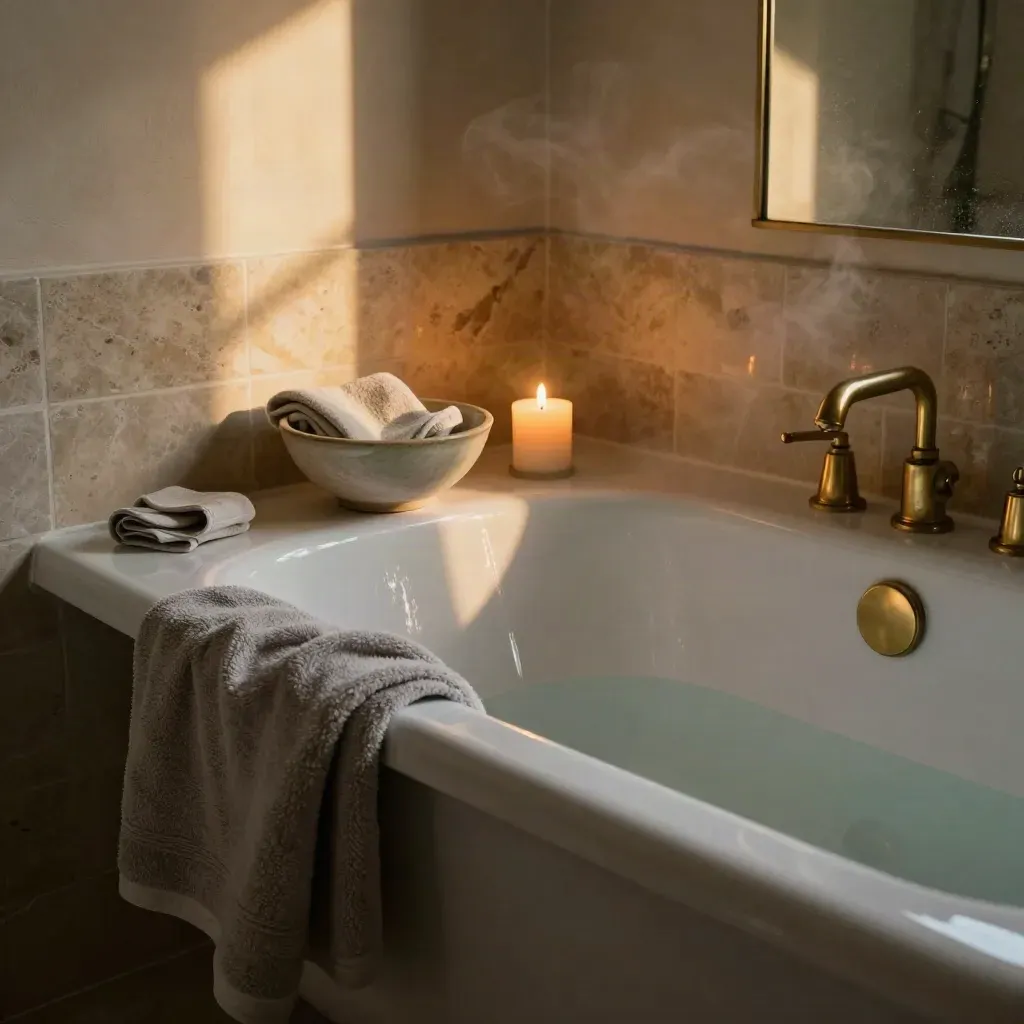 Salle de bain douce, serviette épaisse, bol en grès, bougie et miroir embué au crépuscule.