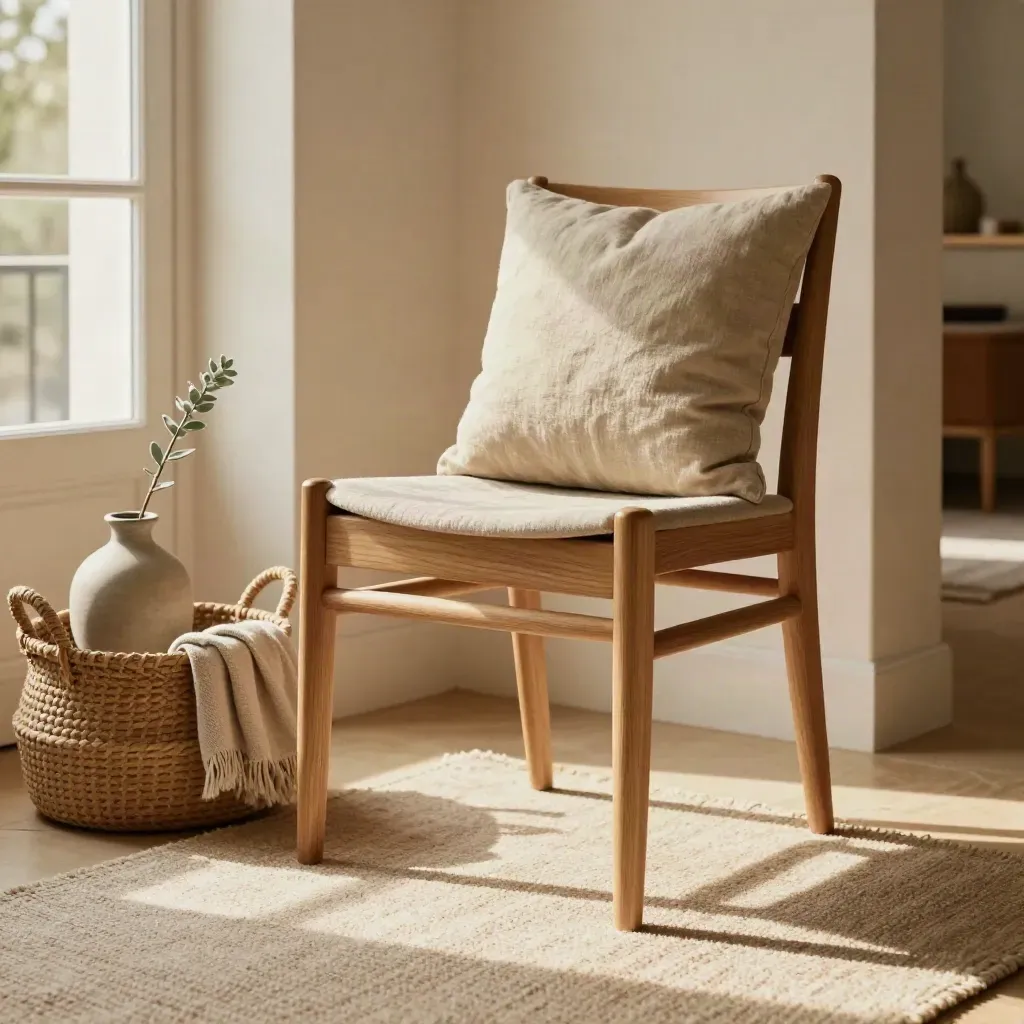 Coin cosy avec chaise en bois, coussin en lin, panier, vase et tapis neutres