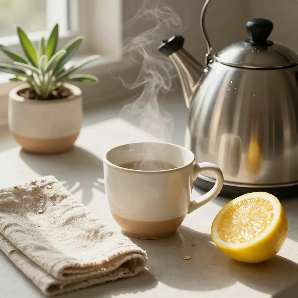 Comptoir de cuisine du matin avec bouilloire, tasse en grès, citron et vapeur douce.