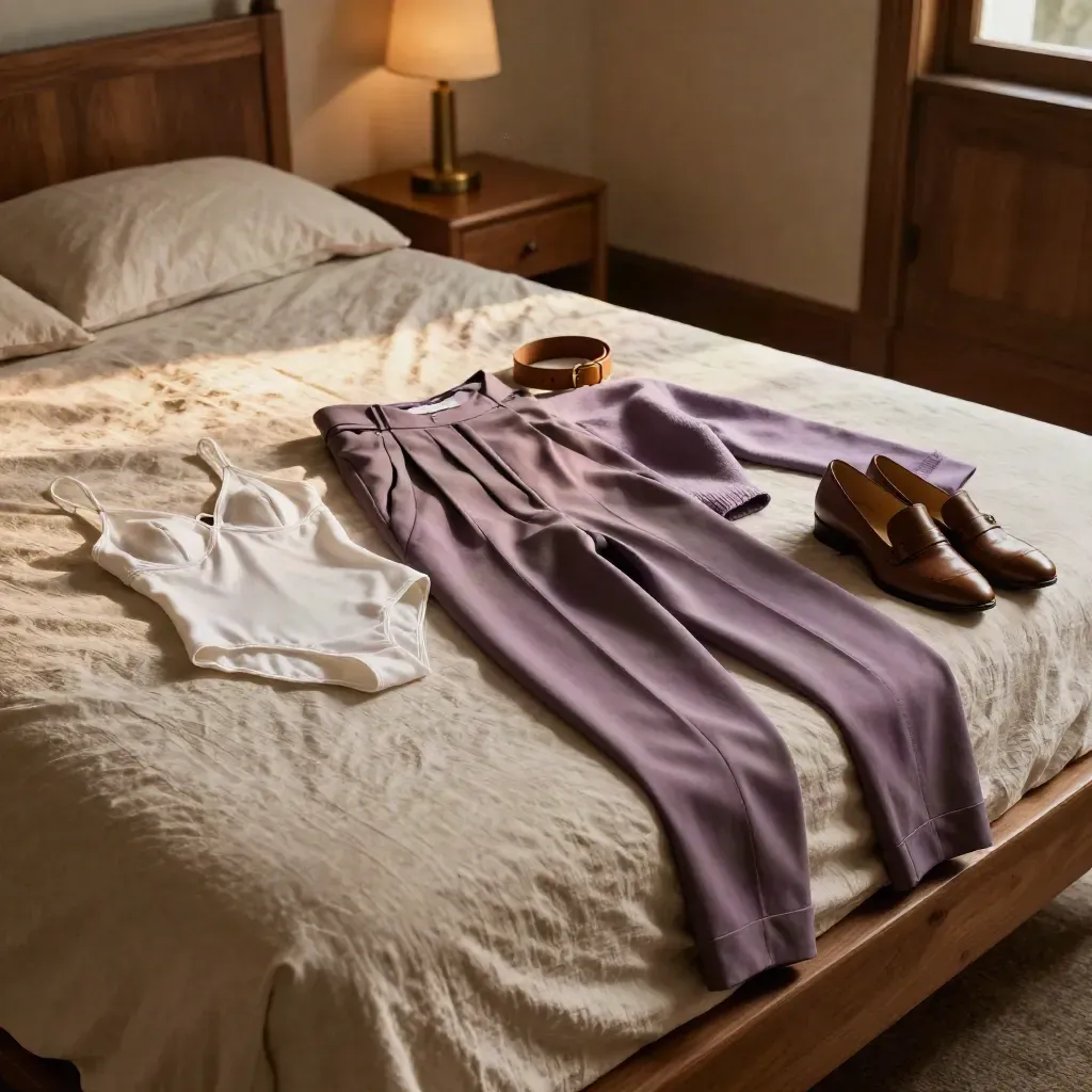 Cinq vêtements essentiels sur un lit froissé, lumière chaude et accent lilas doux.