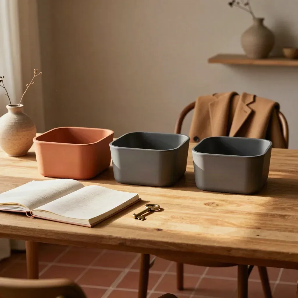 Coin de vie serein avec bacs de tâches, carnet fermé, clé, manteau et vase sous lumière dorée.