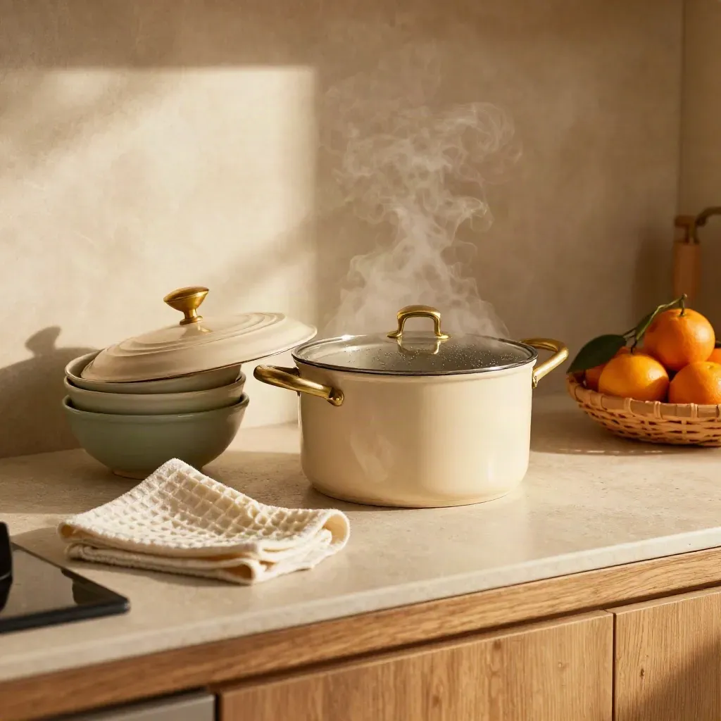 Cuisine claire en cours de rangement, casserole fumante, bols empilés et panier d’agrumes