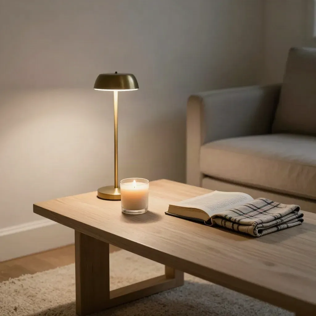Salon du soir feutré avec bougie, livre fermé, plaid plié et lampe basse.