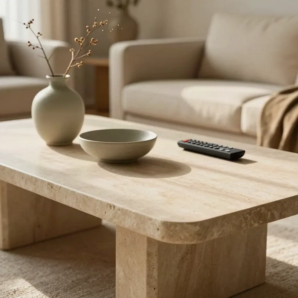 Table basse en pierre dans un salon clair, vase sage, bol vide et branche sèche, lumière chaude.
