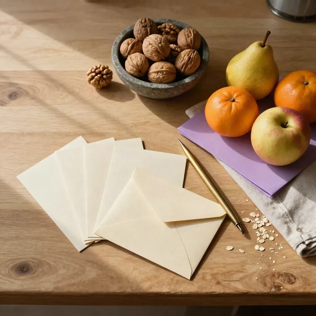 Vue du dessus d’une table de cuisine du dimanche avec cartes, fruits, noix, enveloppes et stylo.