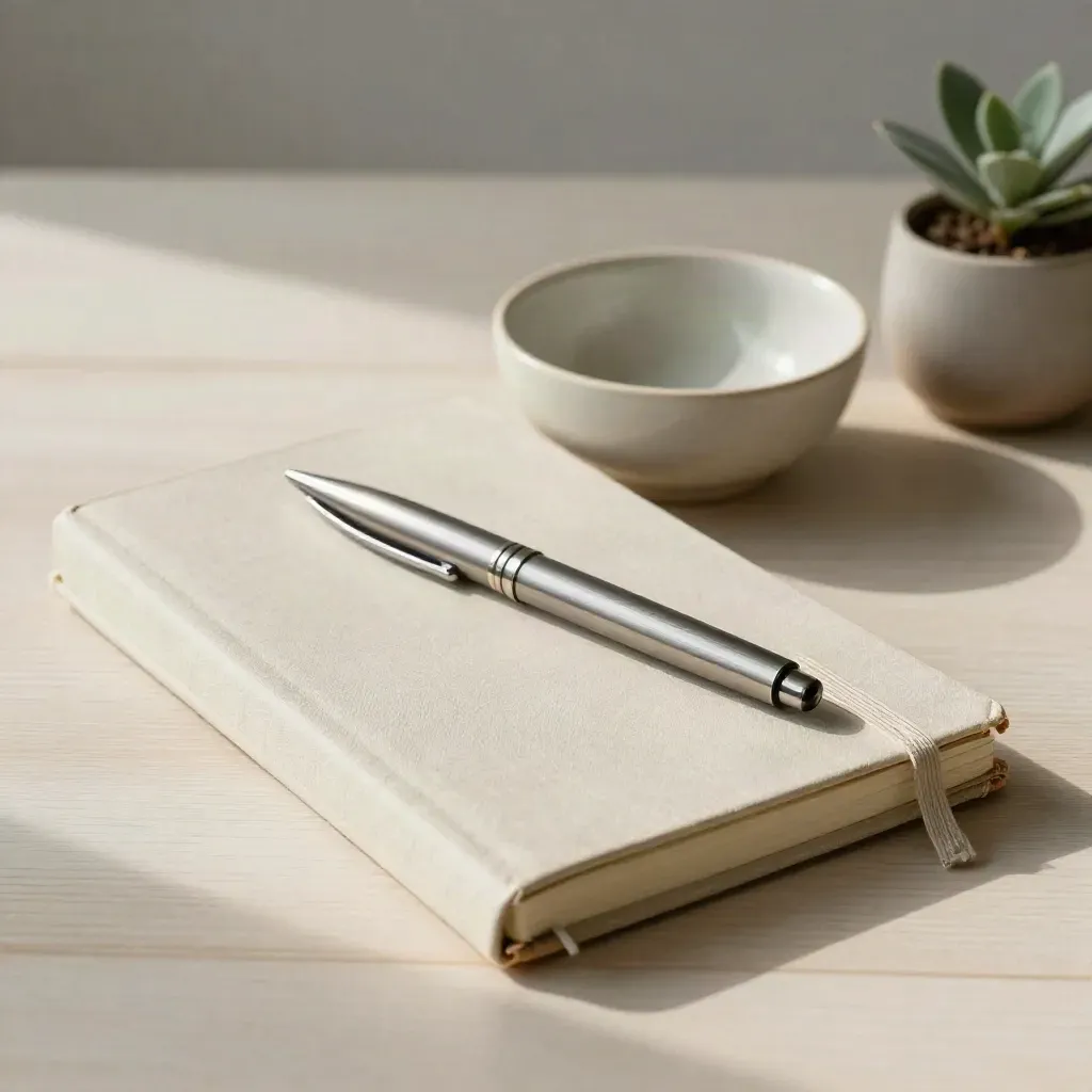 Carnet fermé, bol vide-poche, stylo métal et mini plante sur bois clair, lumière douce.