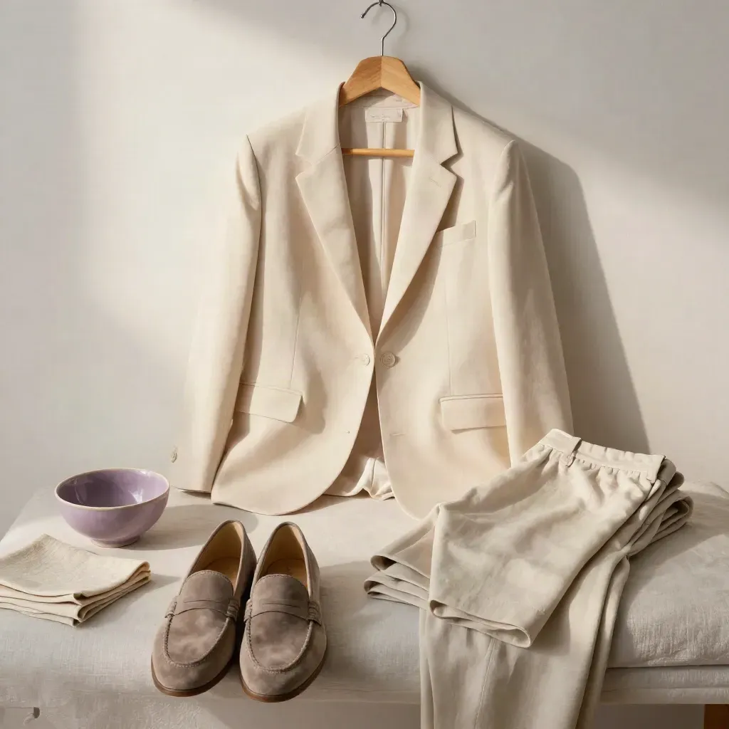 Blazer crème, pantalon fluide et mocassins sur banc clair avec coupelle lilas.