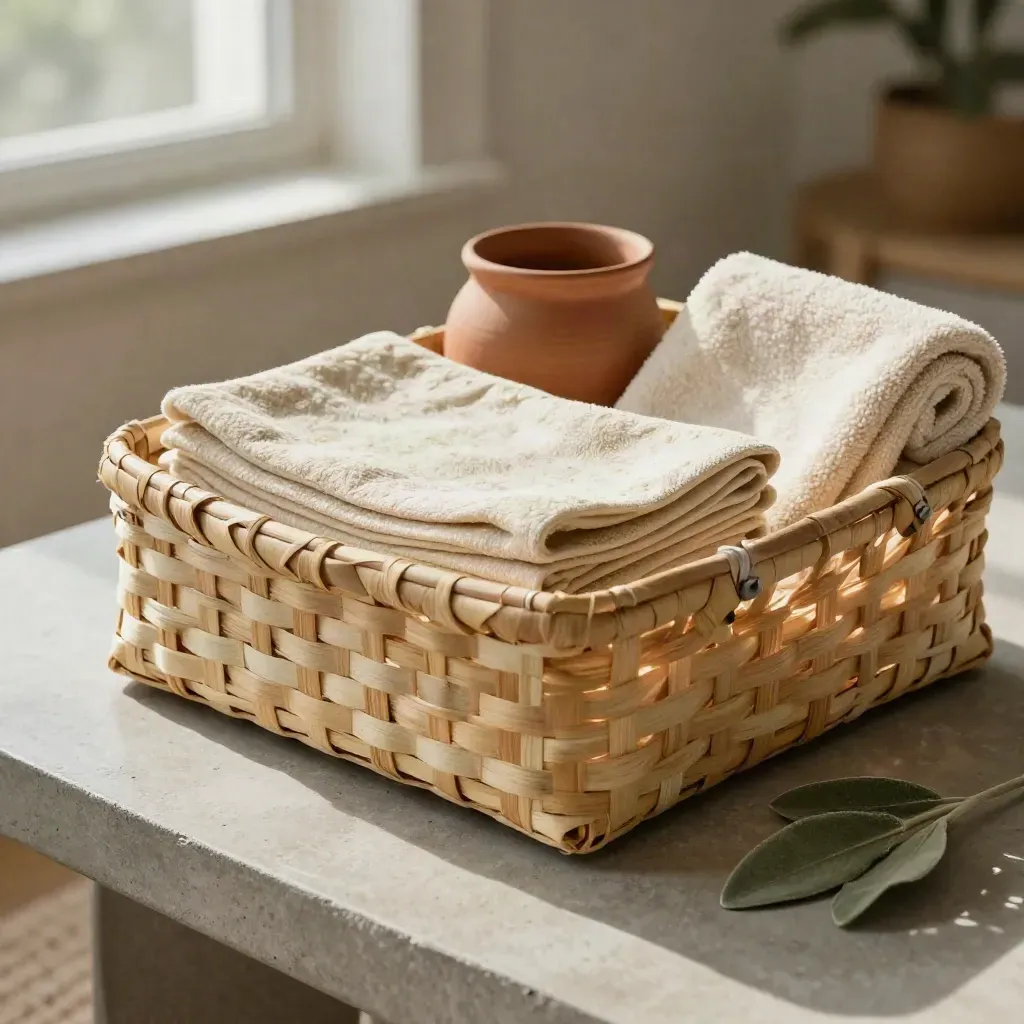 Panier tressé avec drap plié, pot en terre, serviette et feuille sur plateau en pierre.