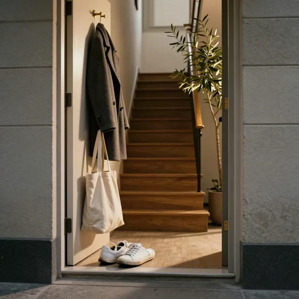 Entrée d’appartement avec baskets, manteau, sac et plante, porte ouverte vers l’extérieur.