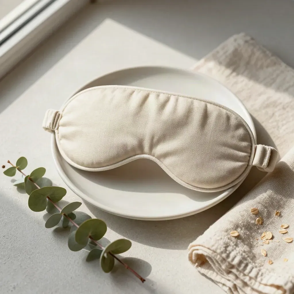 Masque de sommeil en lin ivoire, soucoupe en céramique, eucalyptus et linge plié.