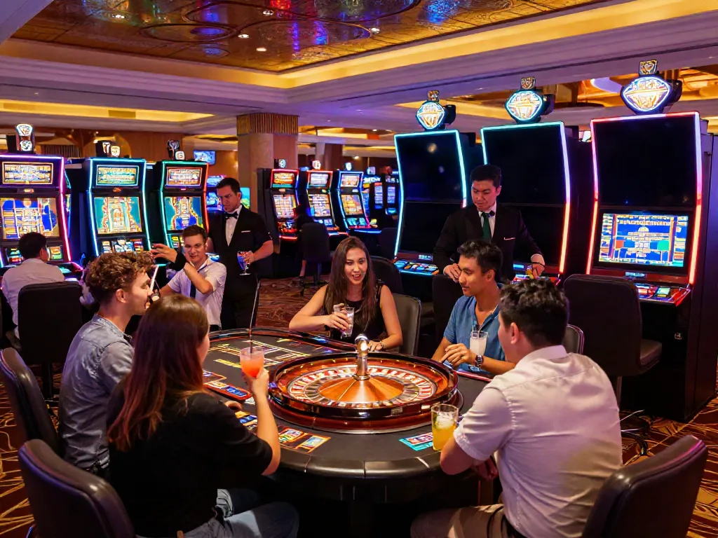 Casino bonus sans dépôt : joueurs passionnés dans un casino animé avec machines à sous et roulette.