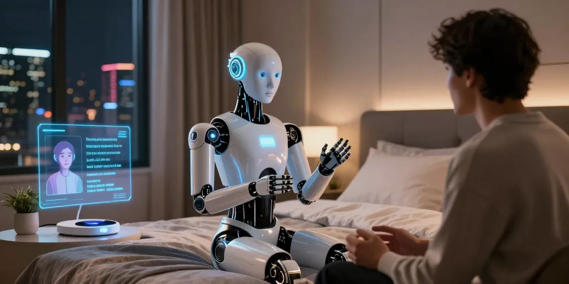 Engaging interaction between a person and a sex bot in a futuristic bedroom highlighting advanced technology.